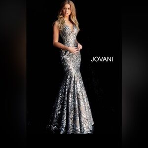 Jovani Metallic Floral Evening Dress